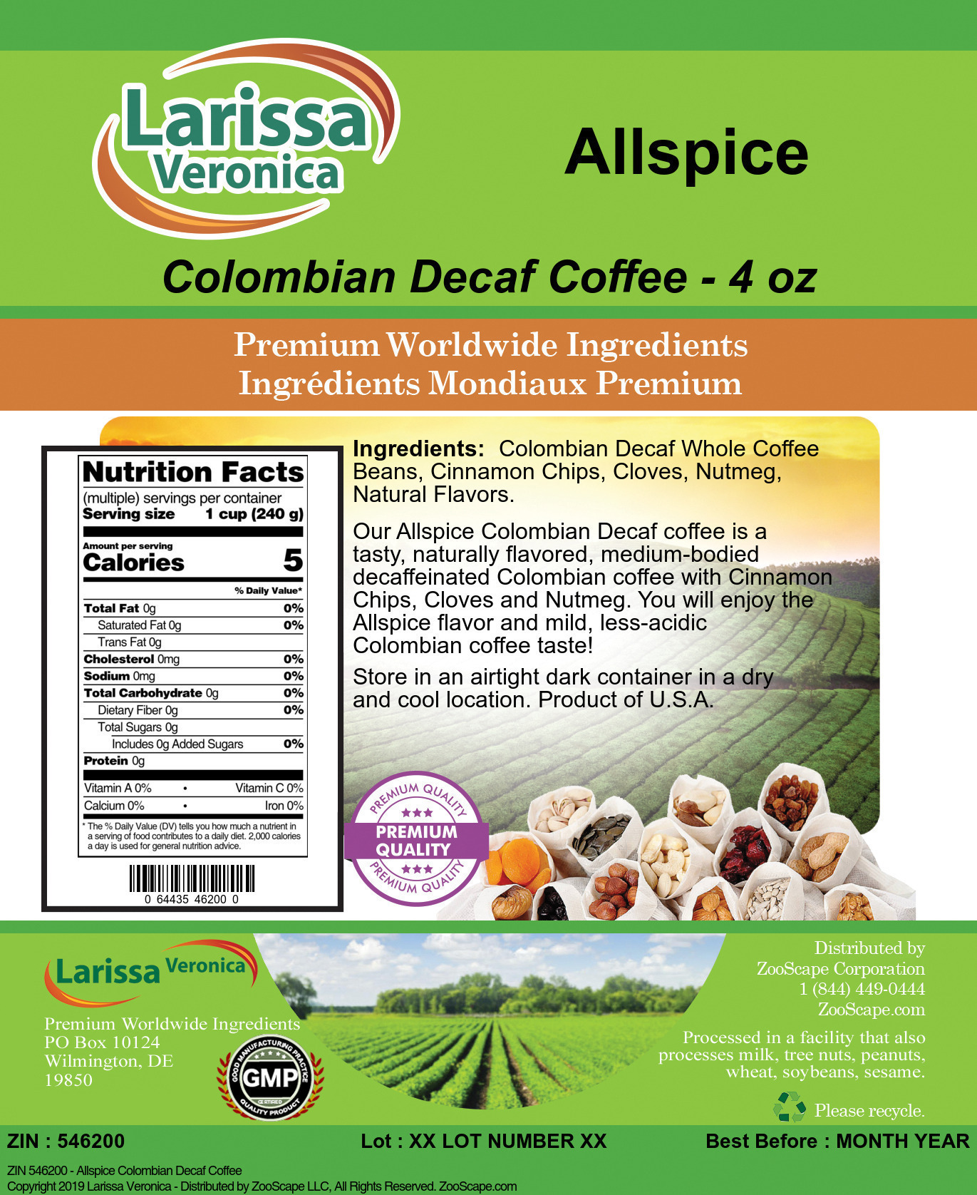 Allspice Colombian Decaf Coffee - Label