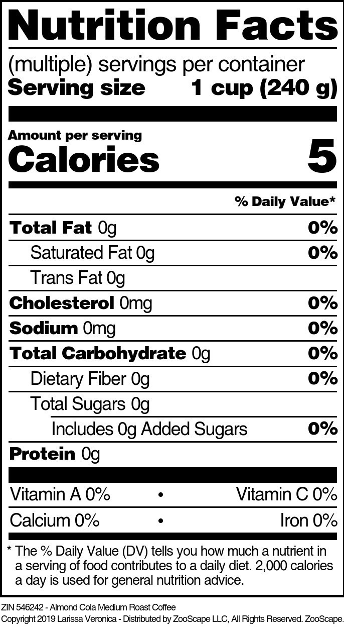 Almond Cola Medium Roast Coffee - Supplement / Nutrition Facts