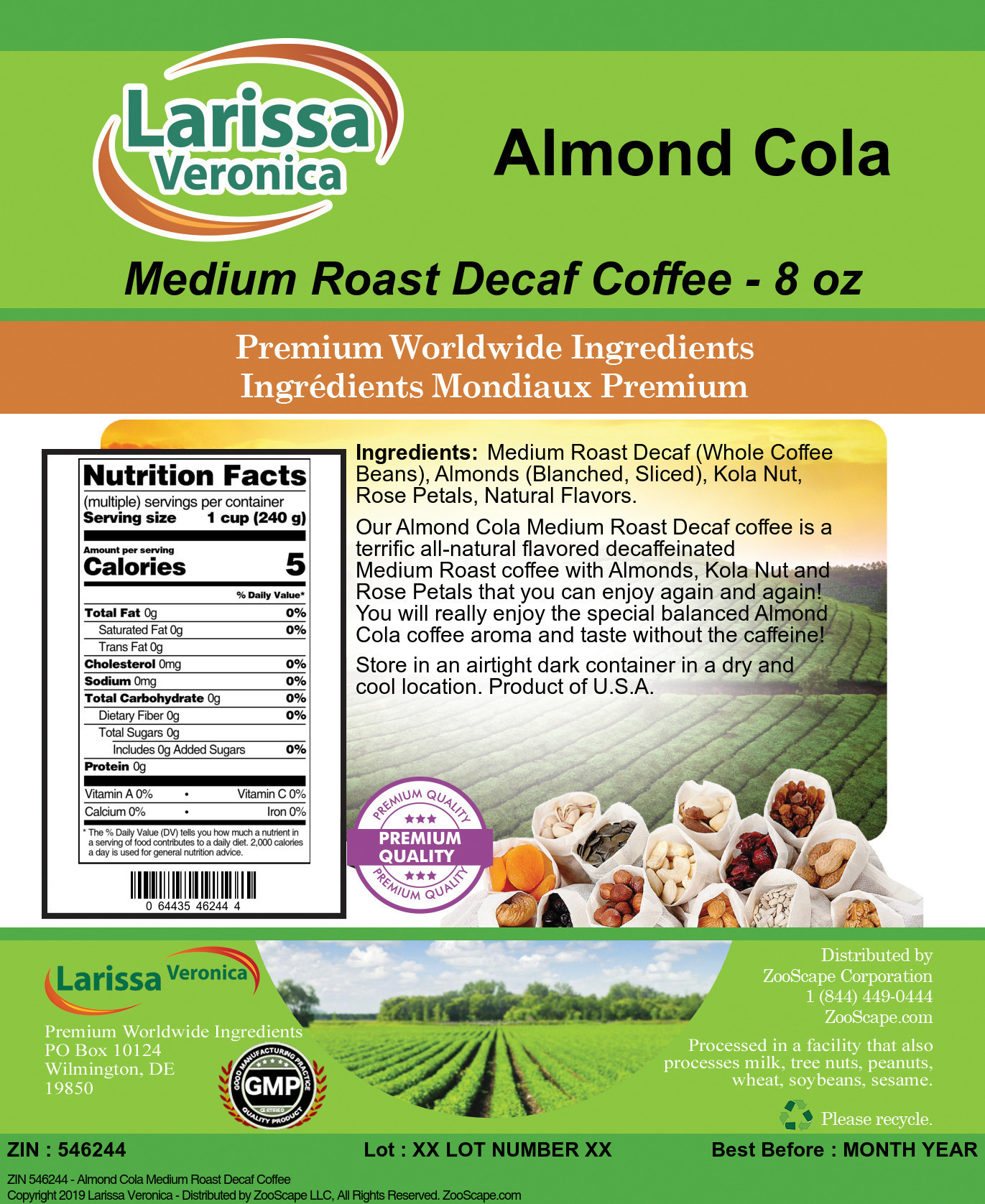 Almond Cola Medium Roast Decaf Coffee - Label