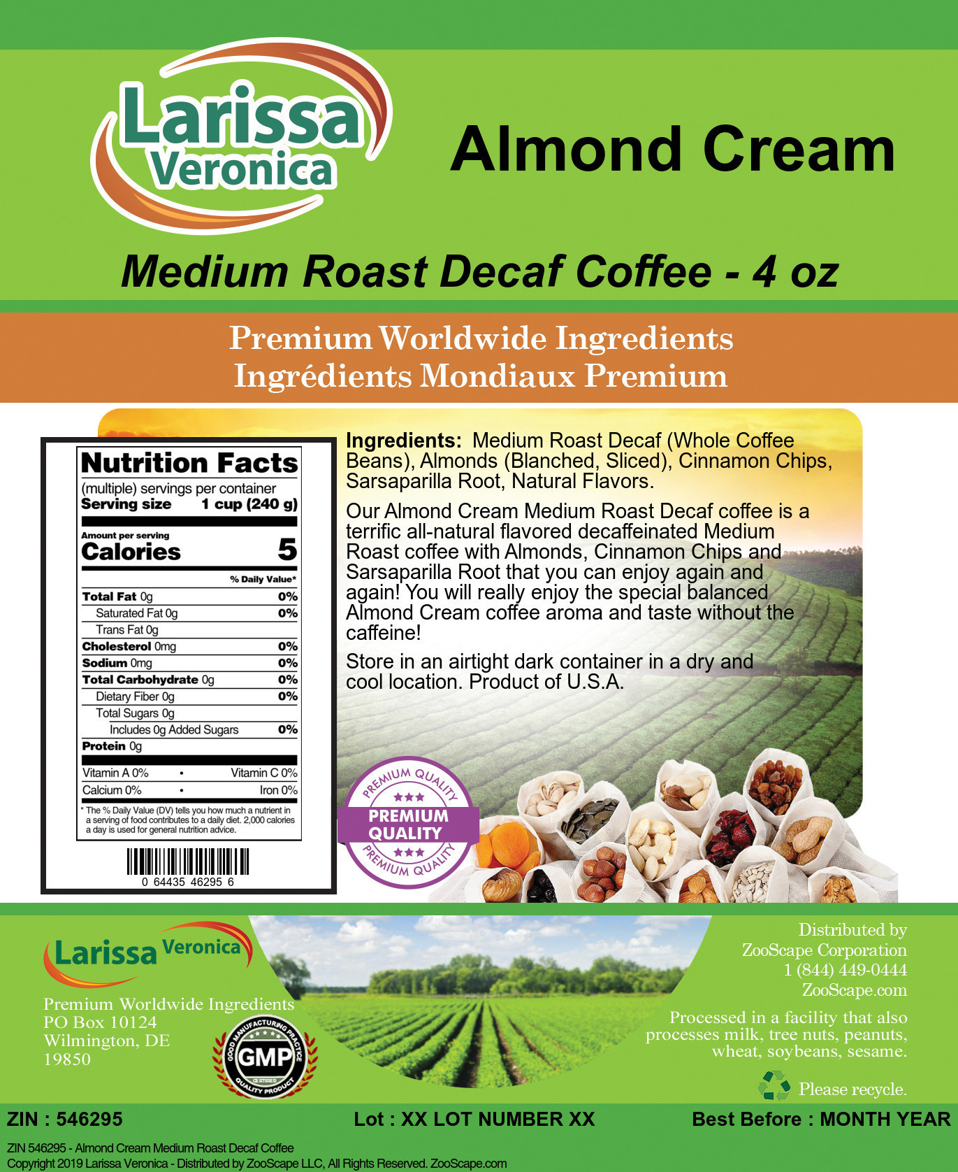 Almond Cream Medium Roast Decaf Coffee - Label