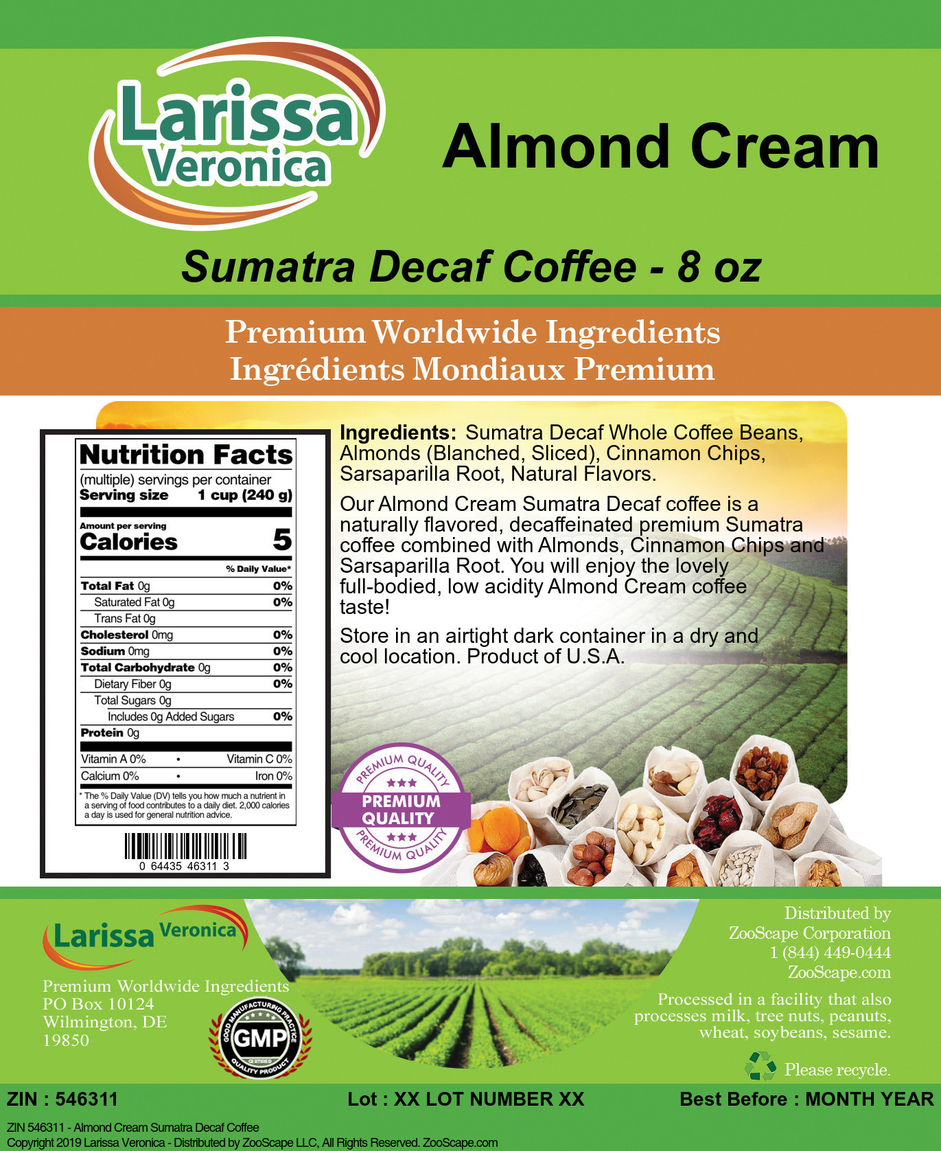 Almond Cream Sumatra Decaf Coffee - Label