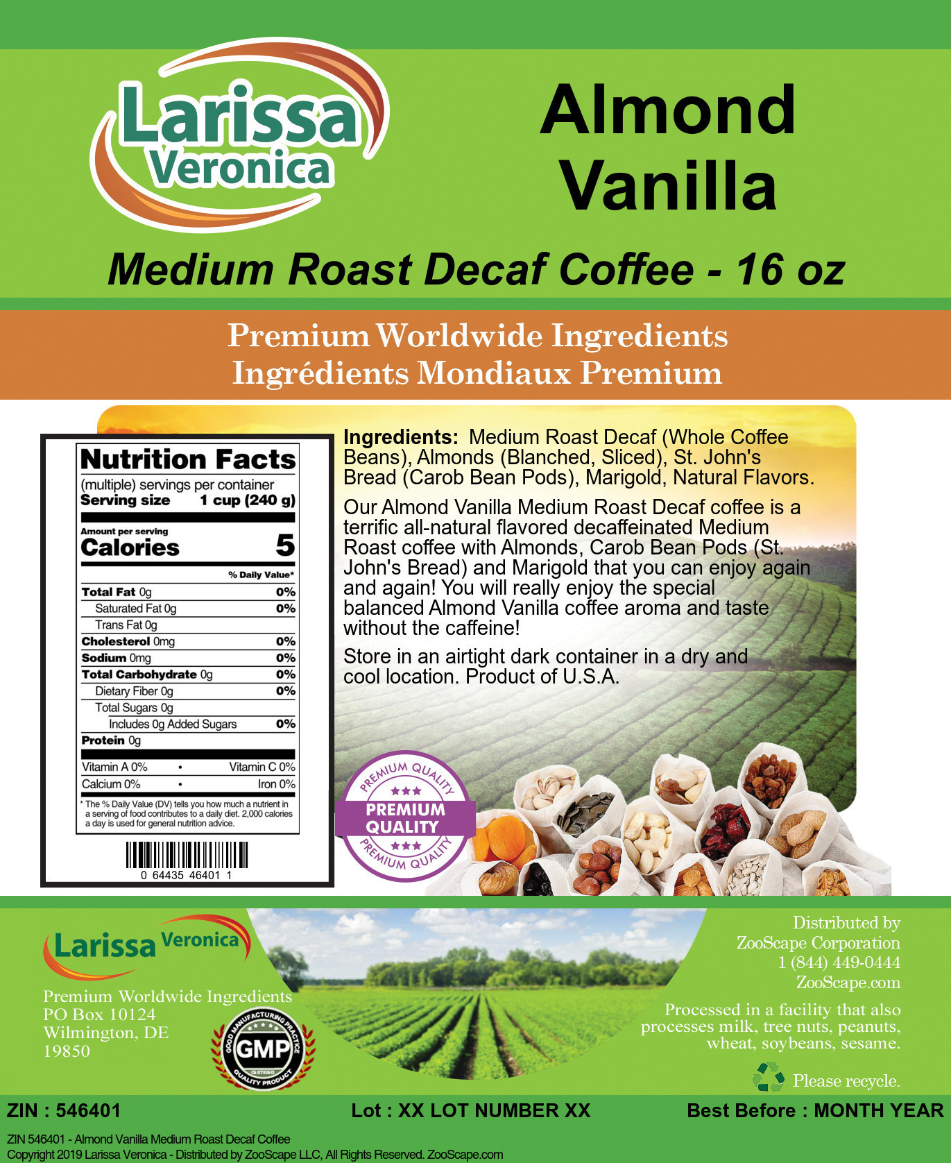 Almond Vanilla Medium Roast Decaf Coffee - Label