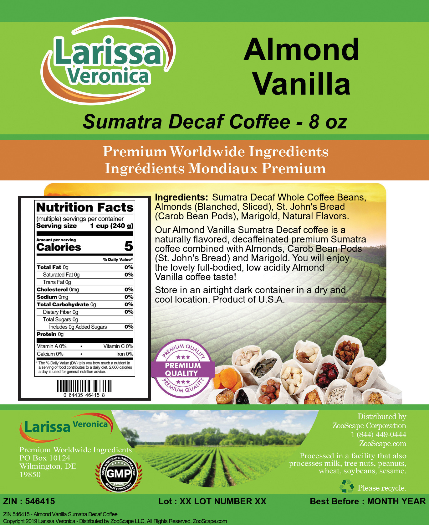 Almond Vanilla Sumatra Decaf Coffee - Label
