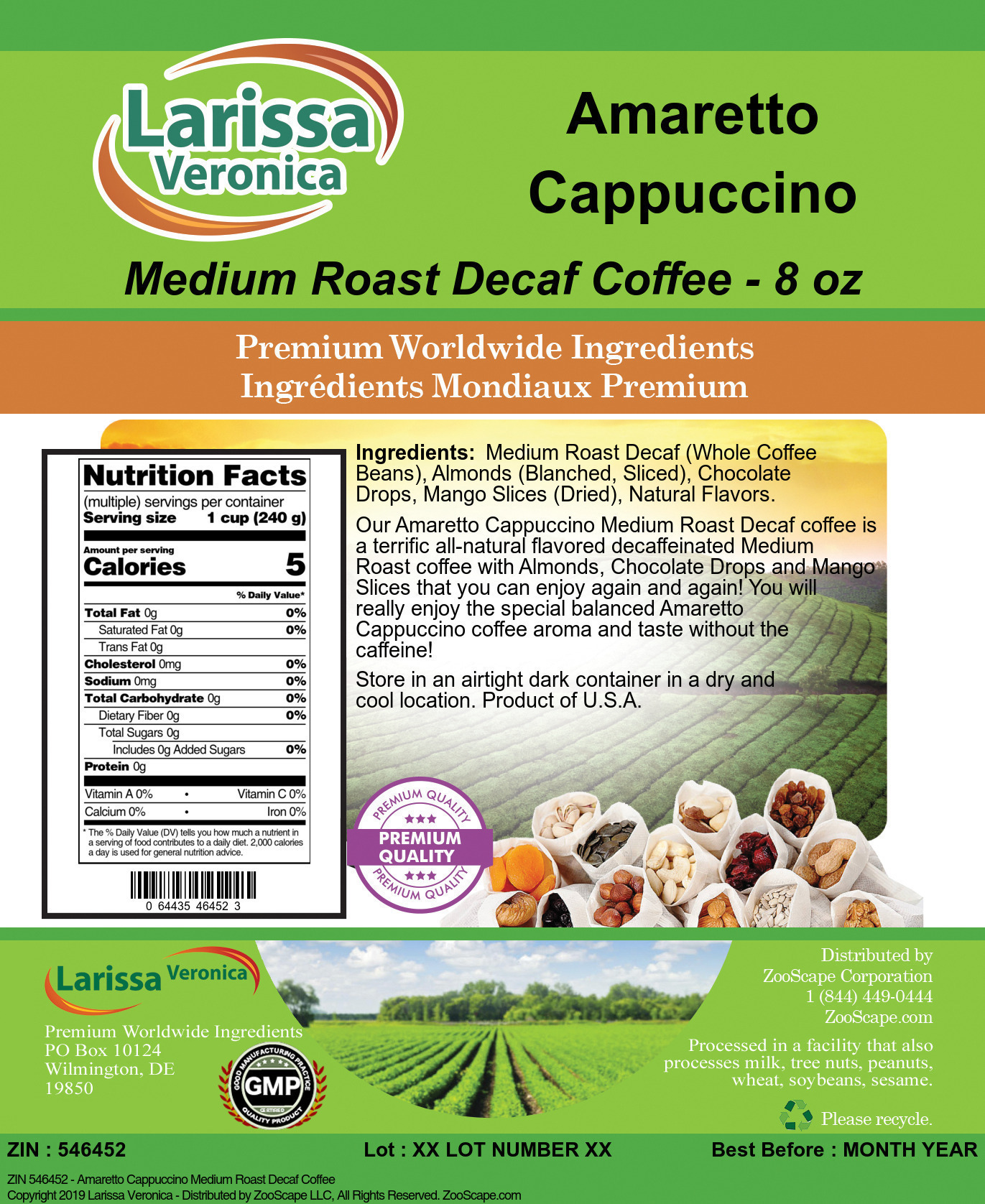 Amaretto Cappuccino Medium Roast Decaf Coffee - Label