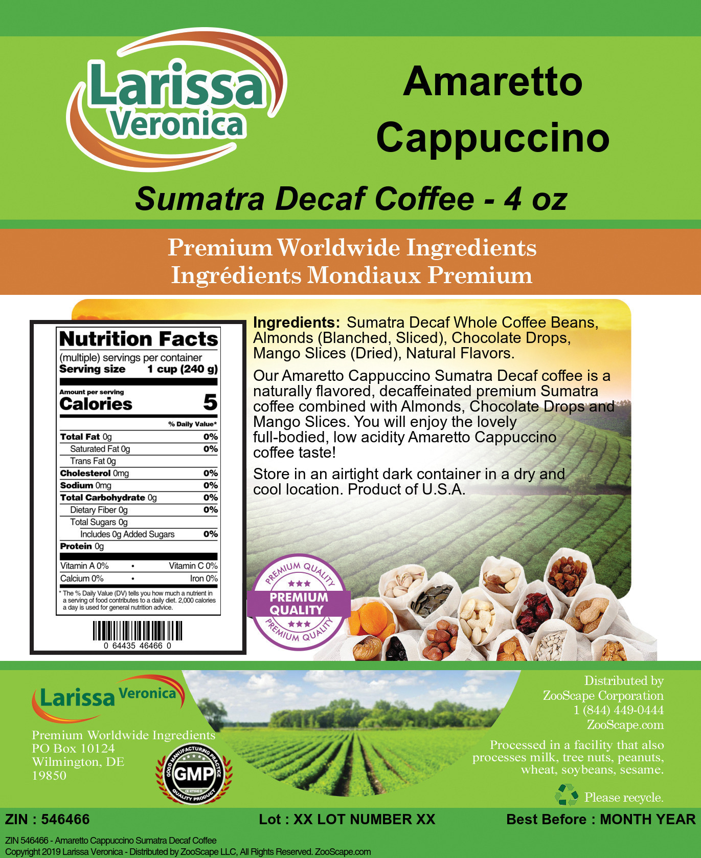 Amaretto Cappuccino Sumatra Decaf Coffee - Label