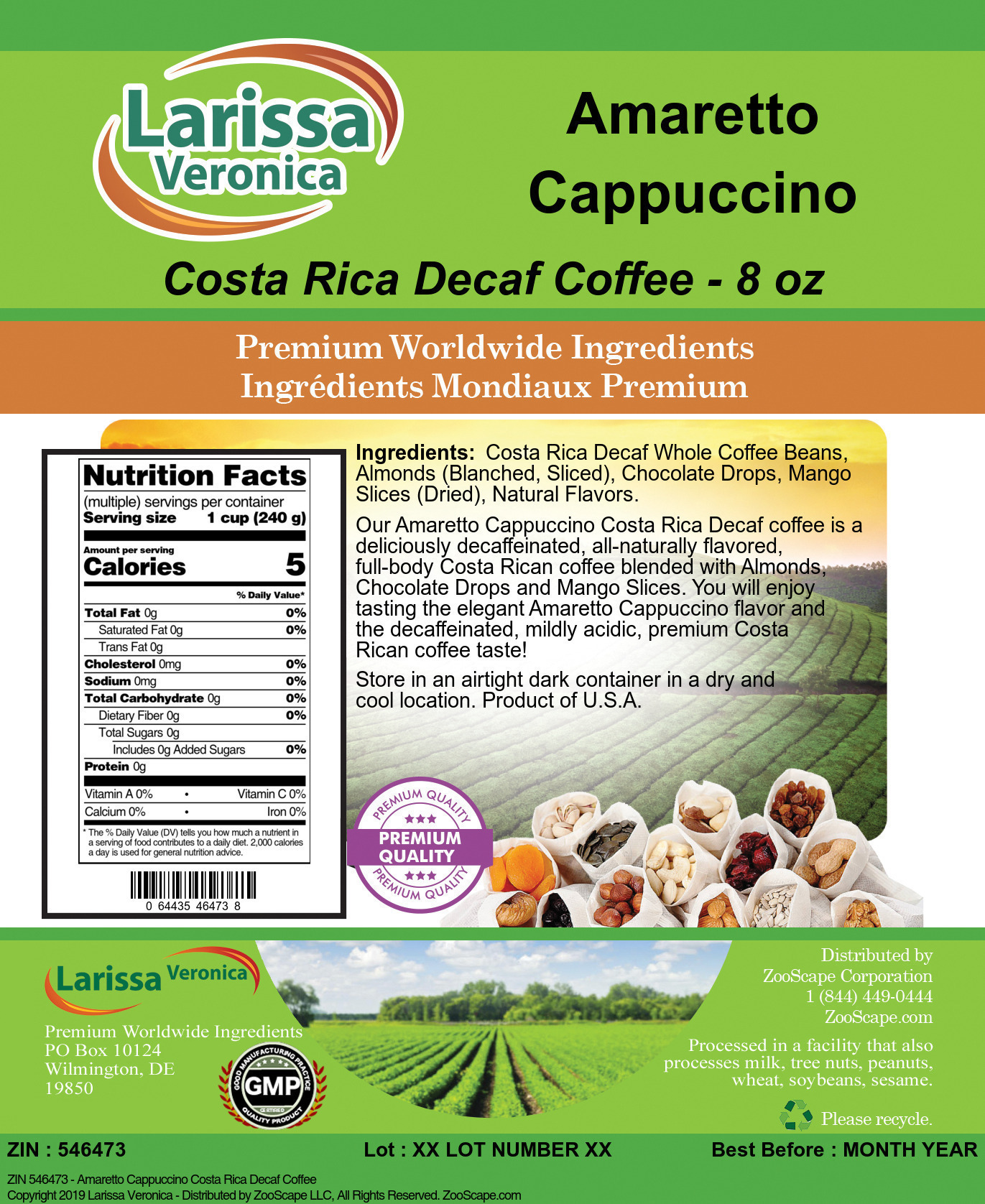 Amaretto Cappuccino Costa Rica Decaf Coffee - Label