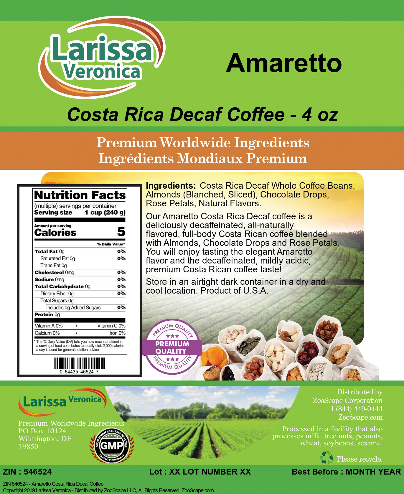 Amaretto Costa Rica Decaf Coffee - Label