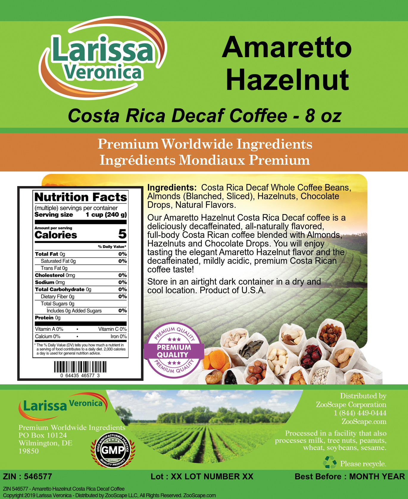 Amaretto Hazelnut Costa Rica Decaf Coffee - Label