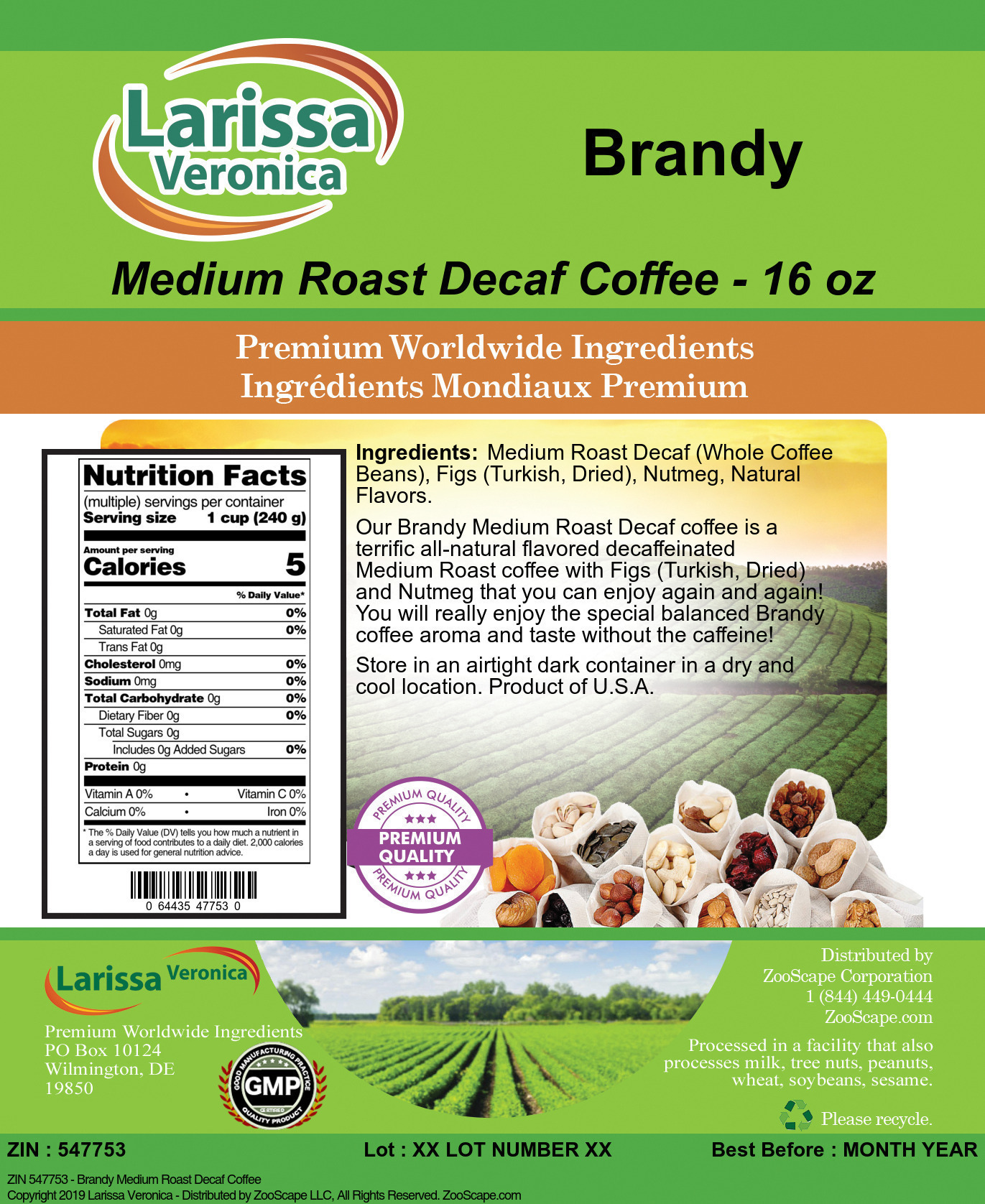 Brandy Medium Roast Decaf Coffee - Label