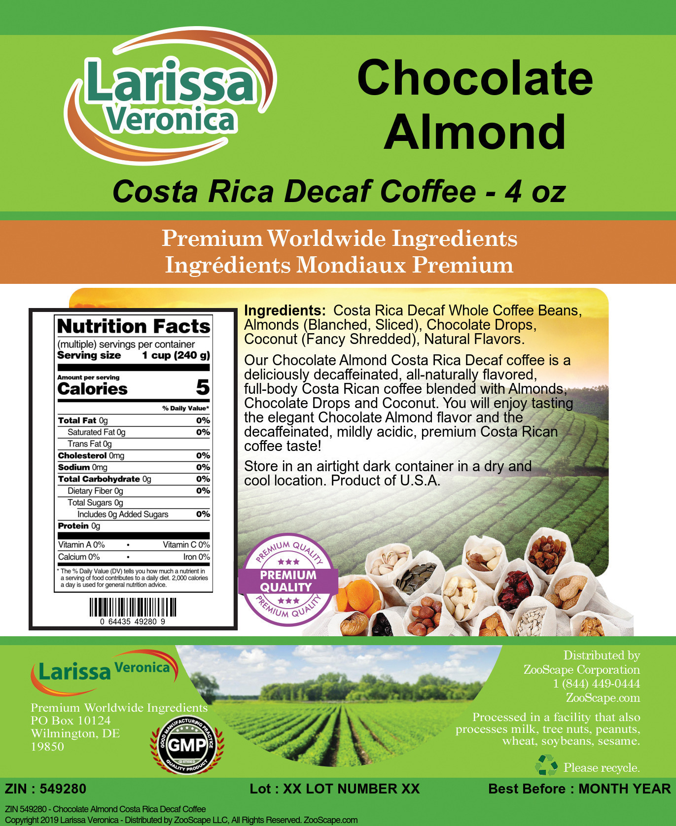 Chocolate Almond Costa Rica Decaf Coffee - Label