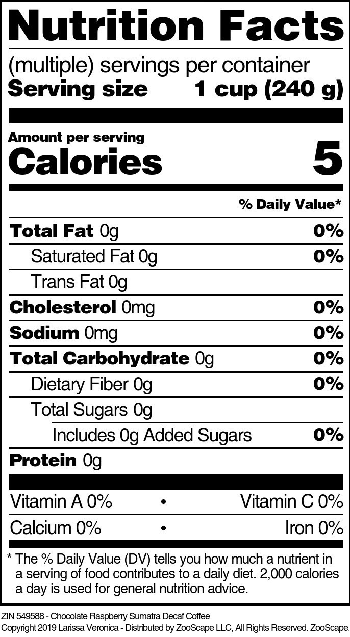 Chocolate Raspberry Sumatra Decaf Coffee - Supplement / Nutrition Facts