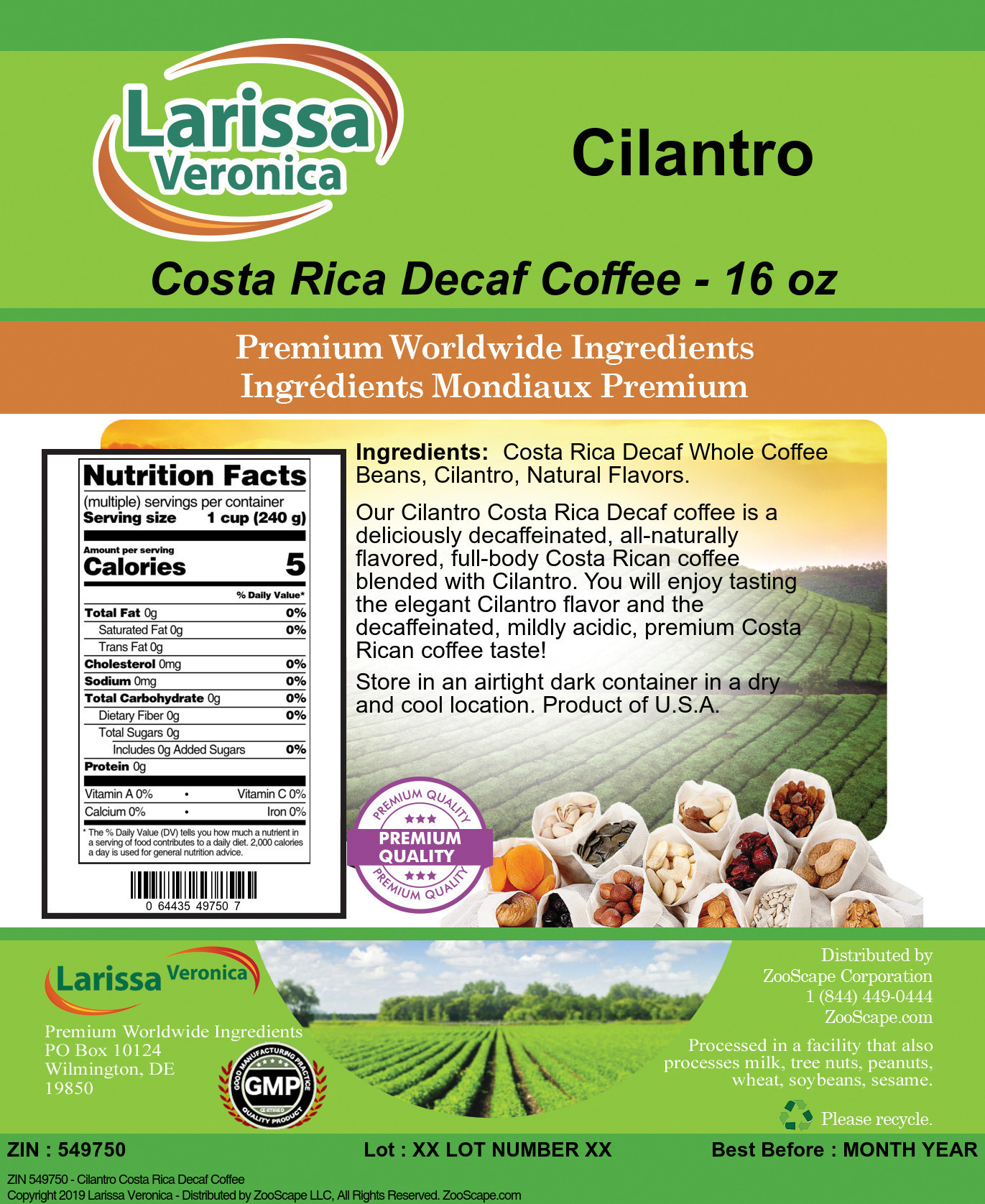 Cilantro Costa Rica Decaf Coffee - Label