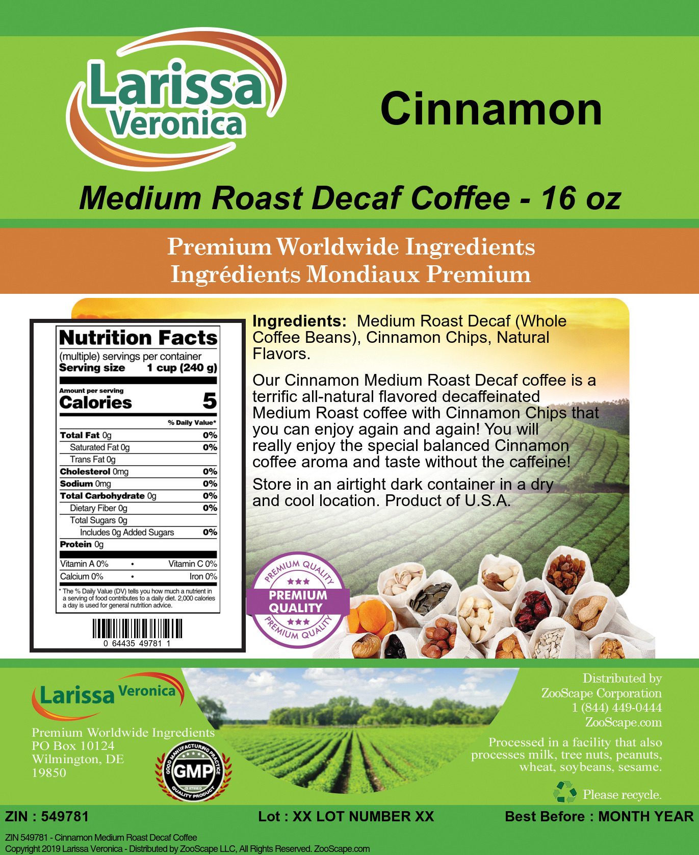 Cinnamon Medium Roast Decaf Coffee - Label