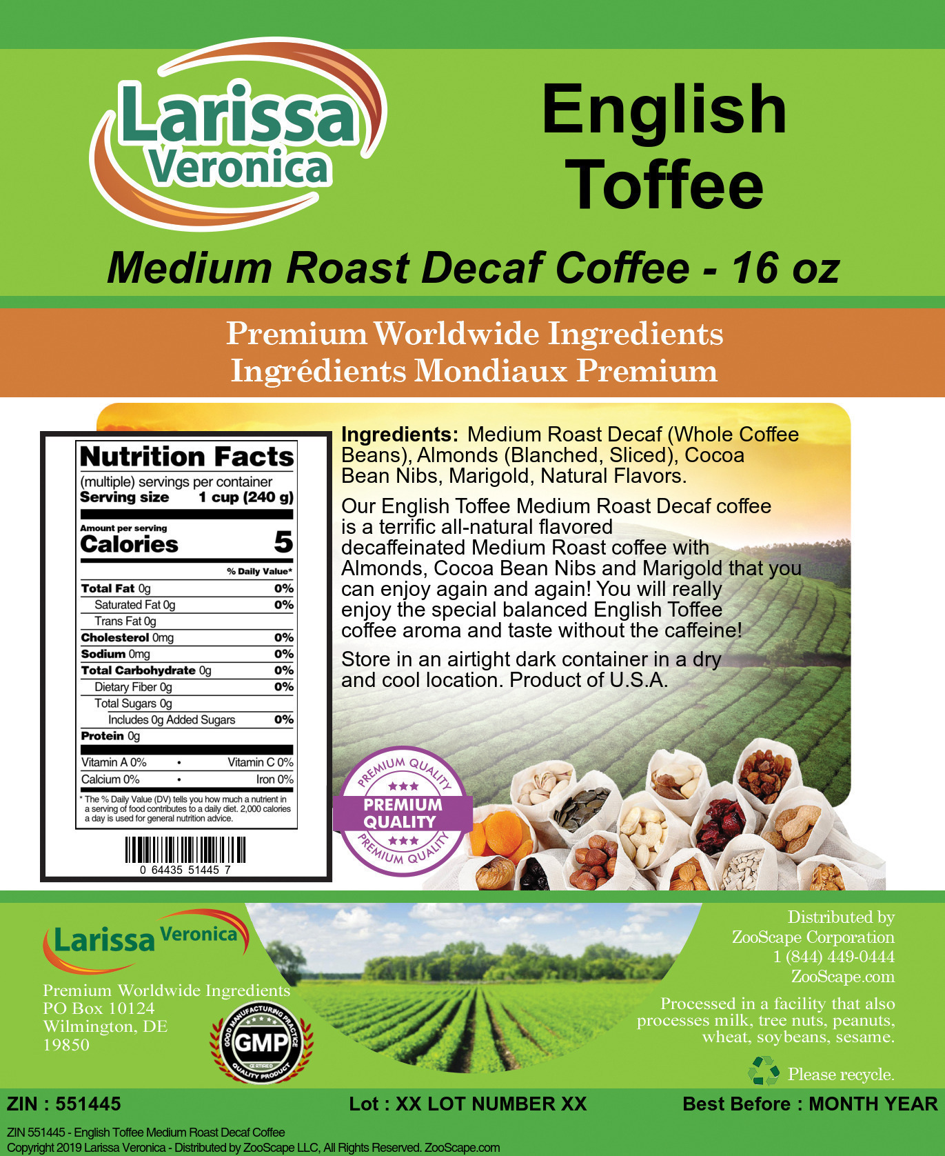 English Toffee Medium Roast Decaf Coffee - Label