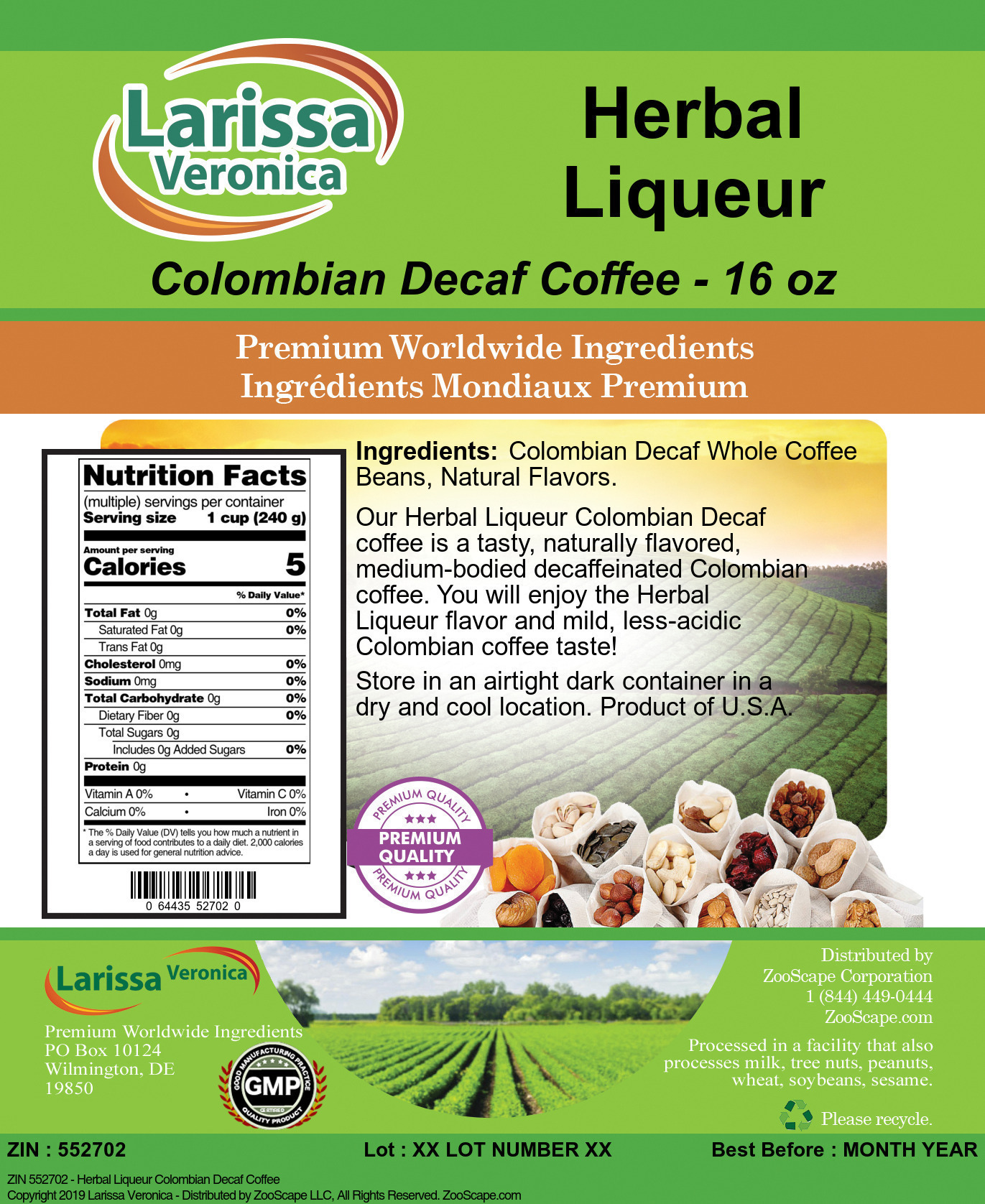 Herbal Liqueur Colombian Decaf Coffee - Label