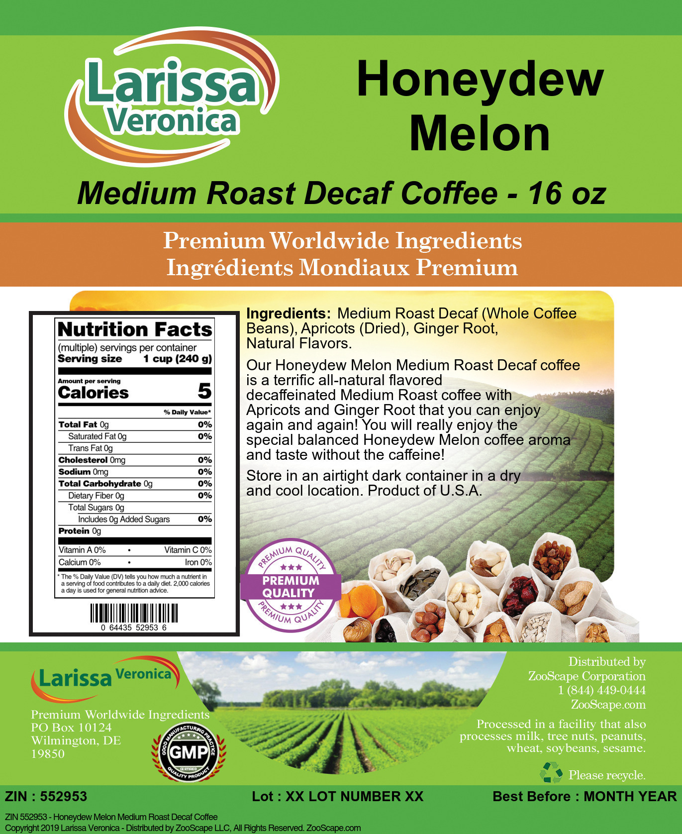 Honeydew Melon Medium Roast Decaf Coffee - Label