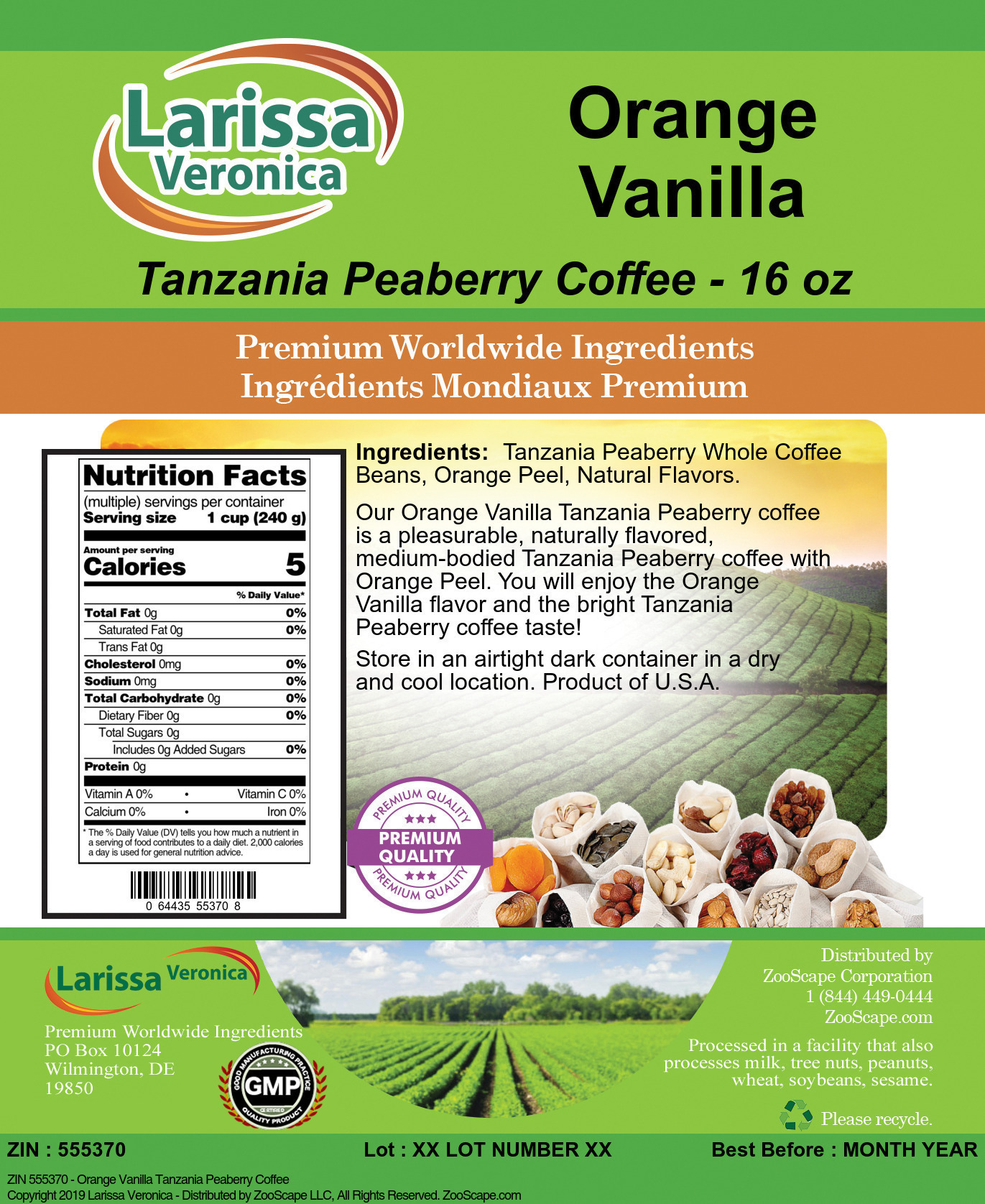 Orange Vanilla Tanzania Peaberry Coffee - Label