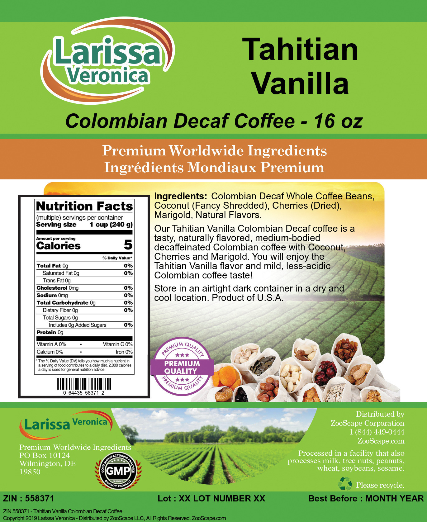 Tahitian Vanilla Colombian Decaf Coffee - Label