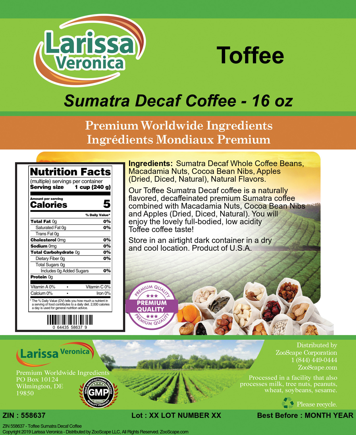 Toffee Sumatra Decaf Coffee - Label
