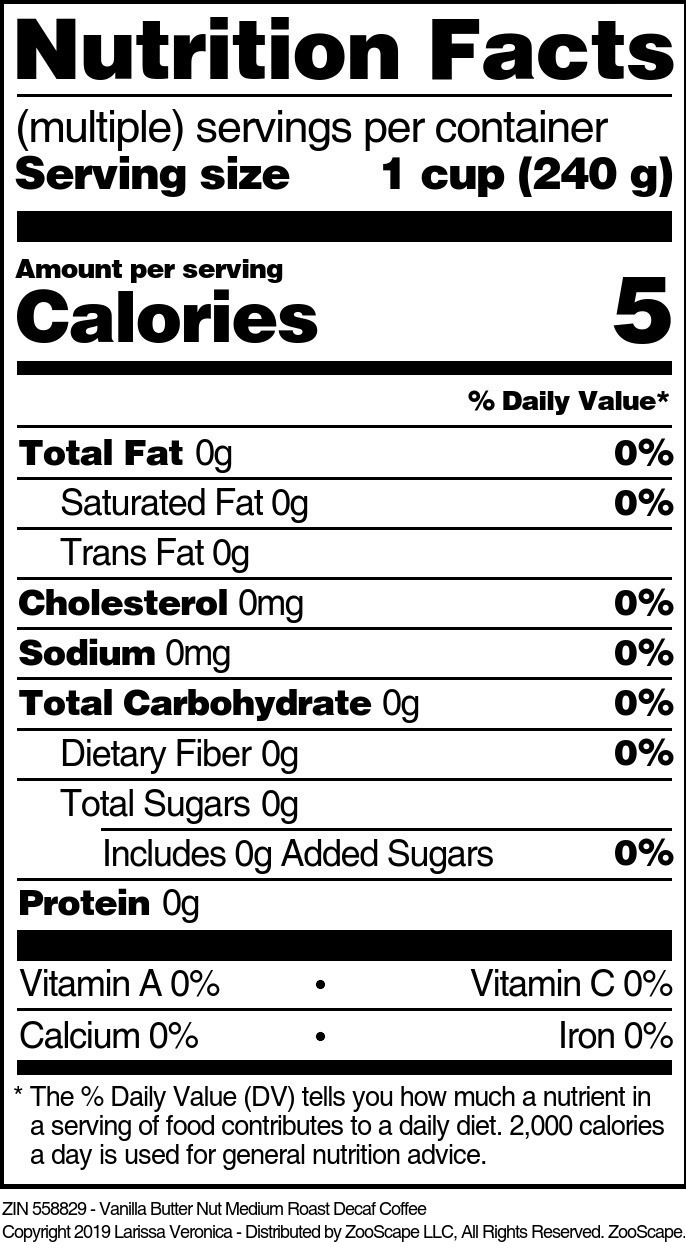 Vanilla Butter Nut Medium Roast Decaf Coffee - Supplement / Nutrition Facts