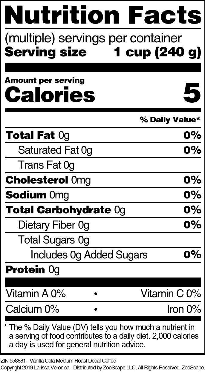 Vanilla Cola Medium Roast Decaf Coffee - Supplement / Nutrition Facts