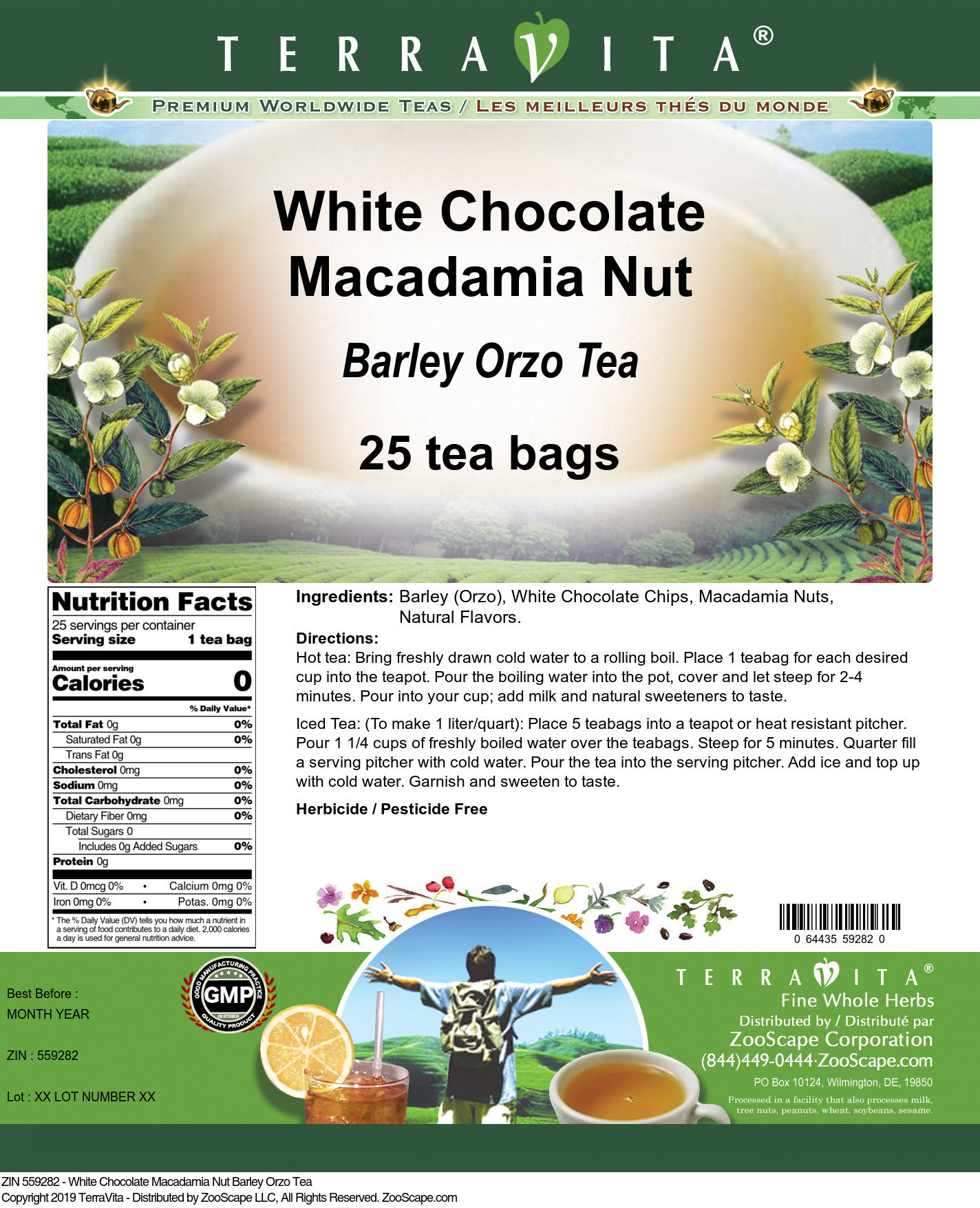 White Chocolate Macadamia Nut Barley Orzo Tea - Label
