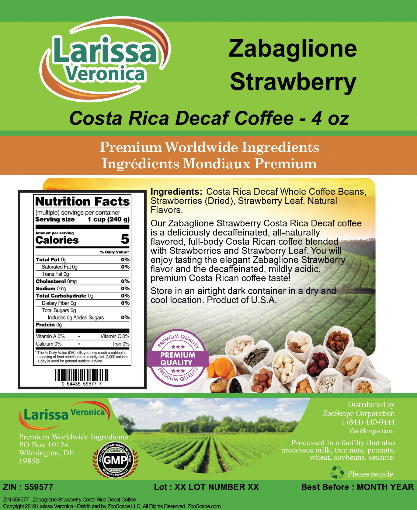 Zabaglione Strawberry Costa Rica Decaf Coffee - Label