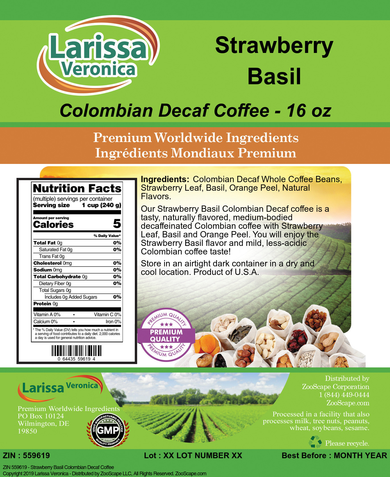 Strawberry Basil Colombian Decaf Coffee - Label
