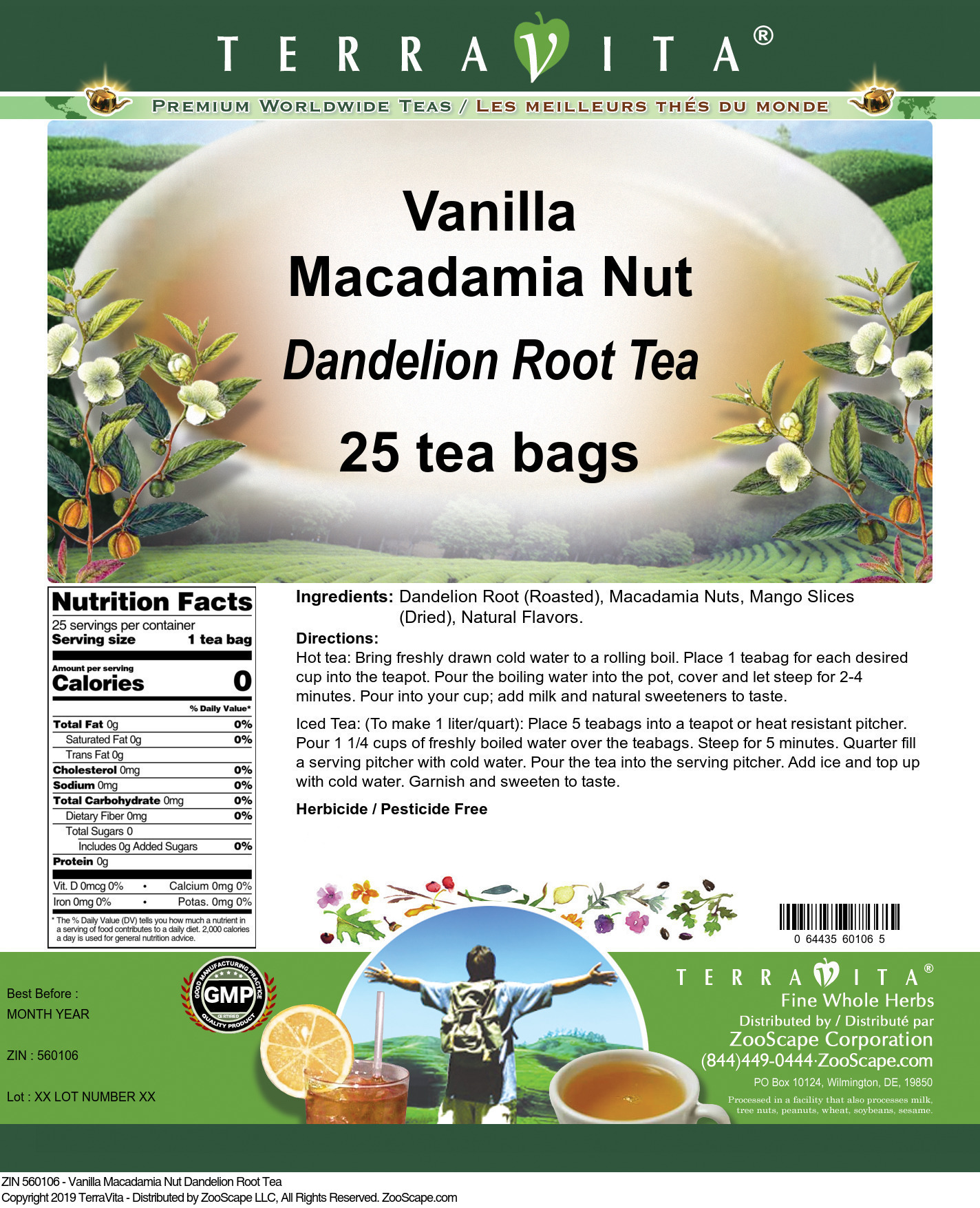 Vanilla Macadamia Nut Dandelion Root Tea - Label