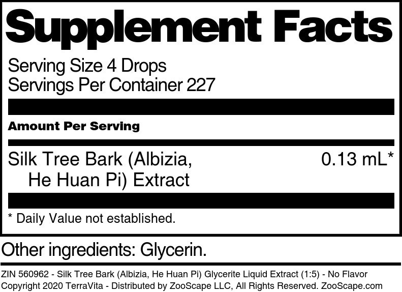 Silk Tree Bark (Albizia, He Huan Pi) Glycerite Liquid Extract (1:5) - Supplement / Nutrition Facts