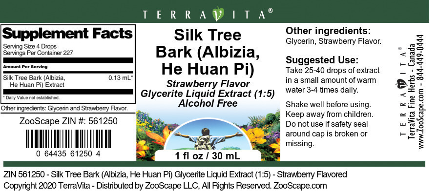 Silk Tree Bark (Albizia, He Huan Pi) Glycerite Liquid Extract (1:5) - Label