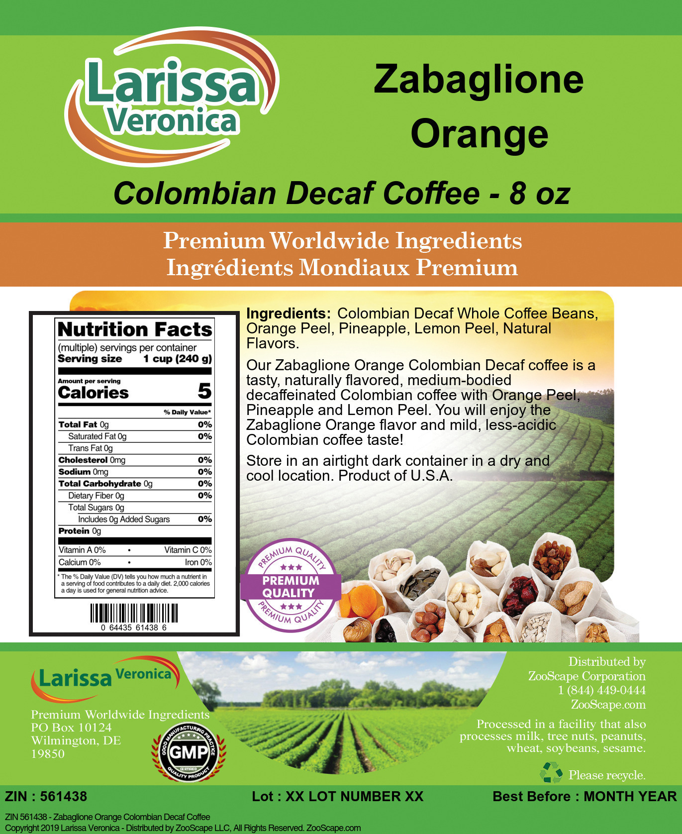 Zabaglione Orange Colombian Decaf Coffee - Label