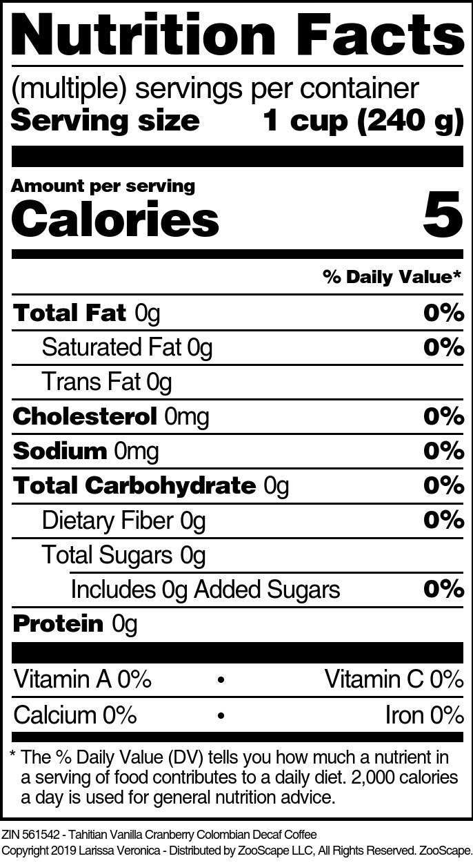 Tahitian Vanilla Cranberry Colombian Decaf Coffee - Supplement / Nutrition Facts