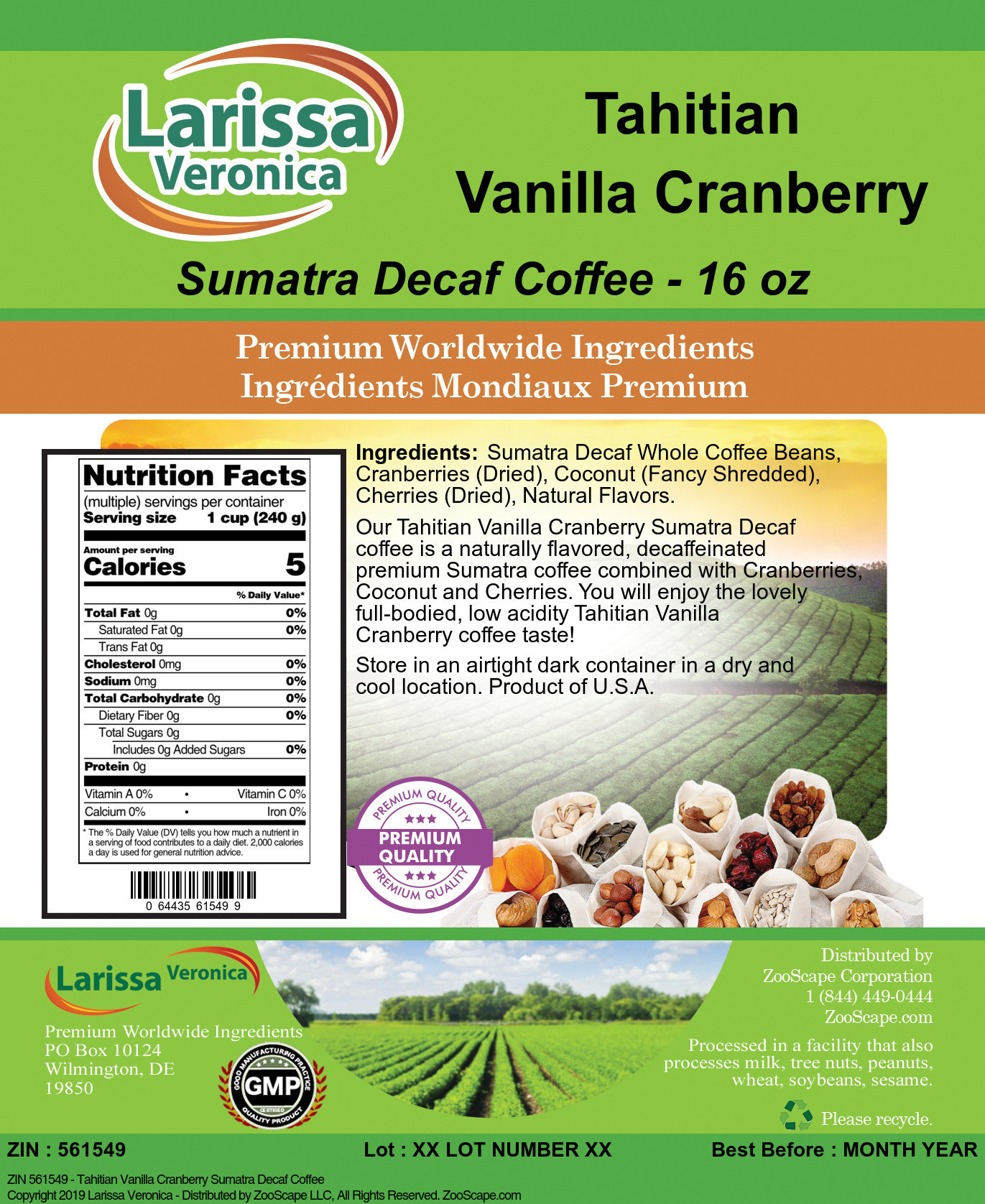 Tahitian Vanilla Cranberry Sumatra Decaf Coffee - Label