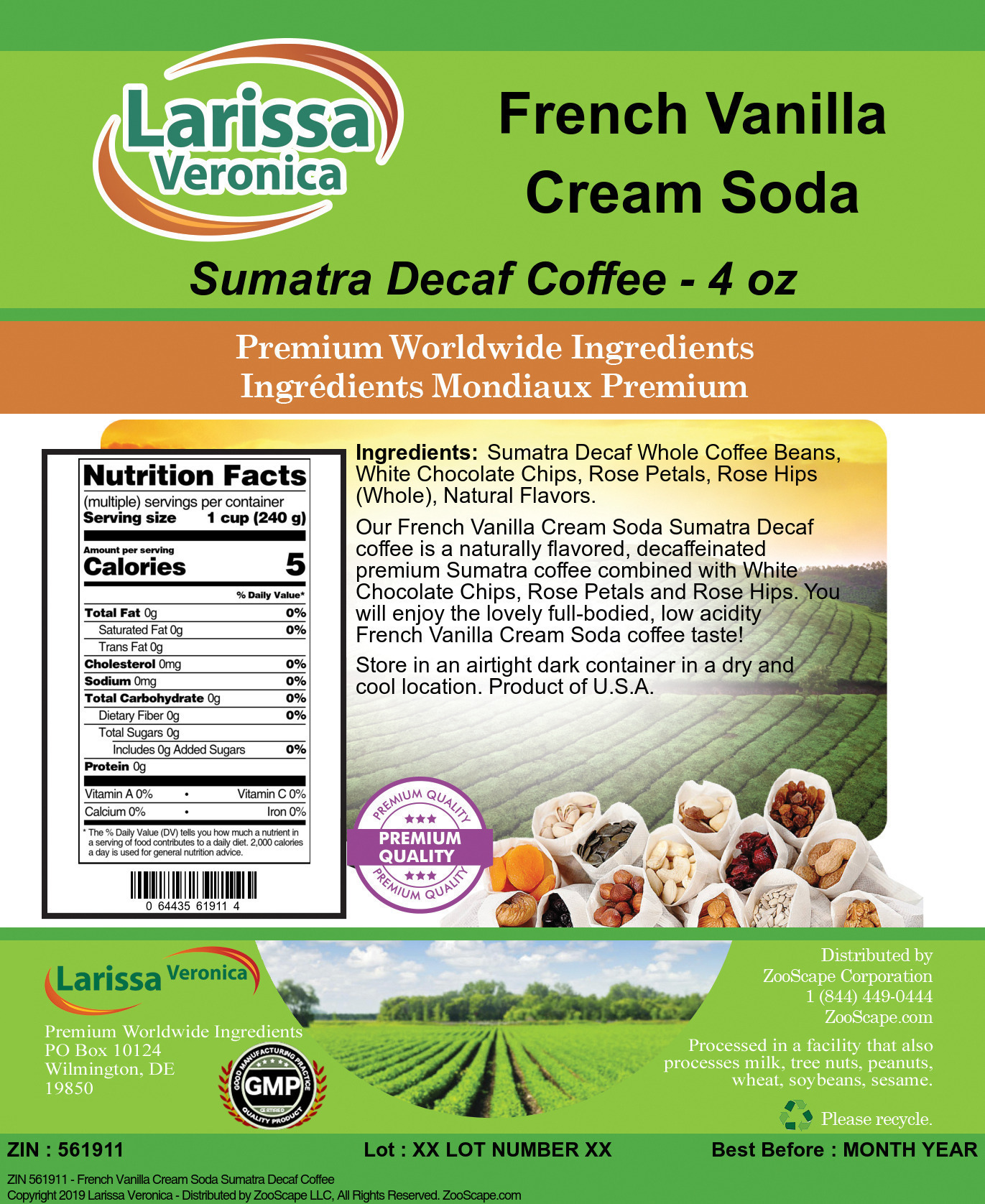 French Vanilla Cream Soda Sumatra Decaf Coffee - Label