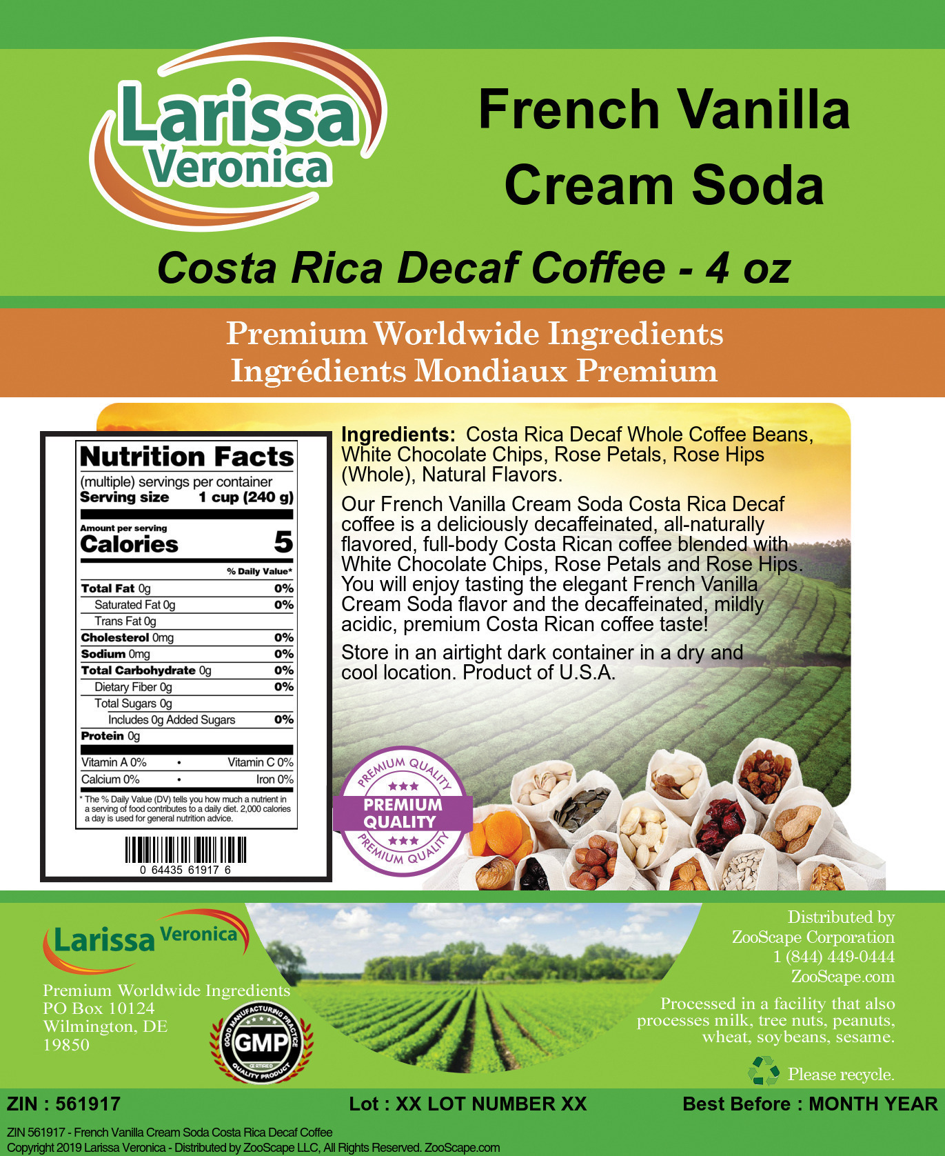 French Vanilla Cream Soda Costa Rica Decaf Coffee - Label