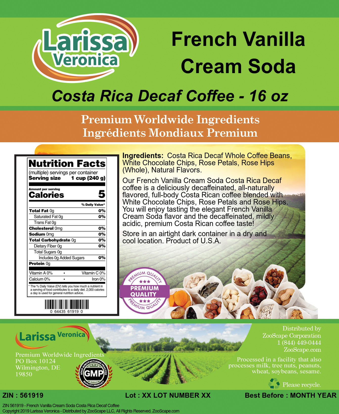 French Vanilla Cream Soda Costa Rica Decaf Coffee - Label