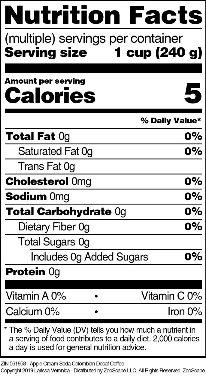 Apple Cream Soda Colombian Decaf Coffee - Supplement / Nutrition Facts