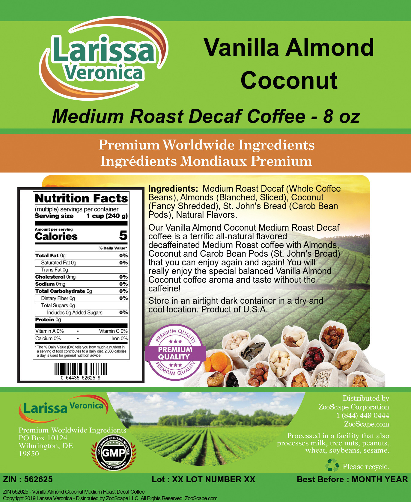 Vanilla Almond Coconut Medium Roast Decaf Coffee - Label