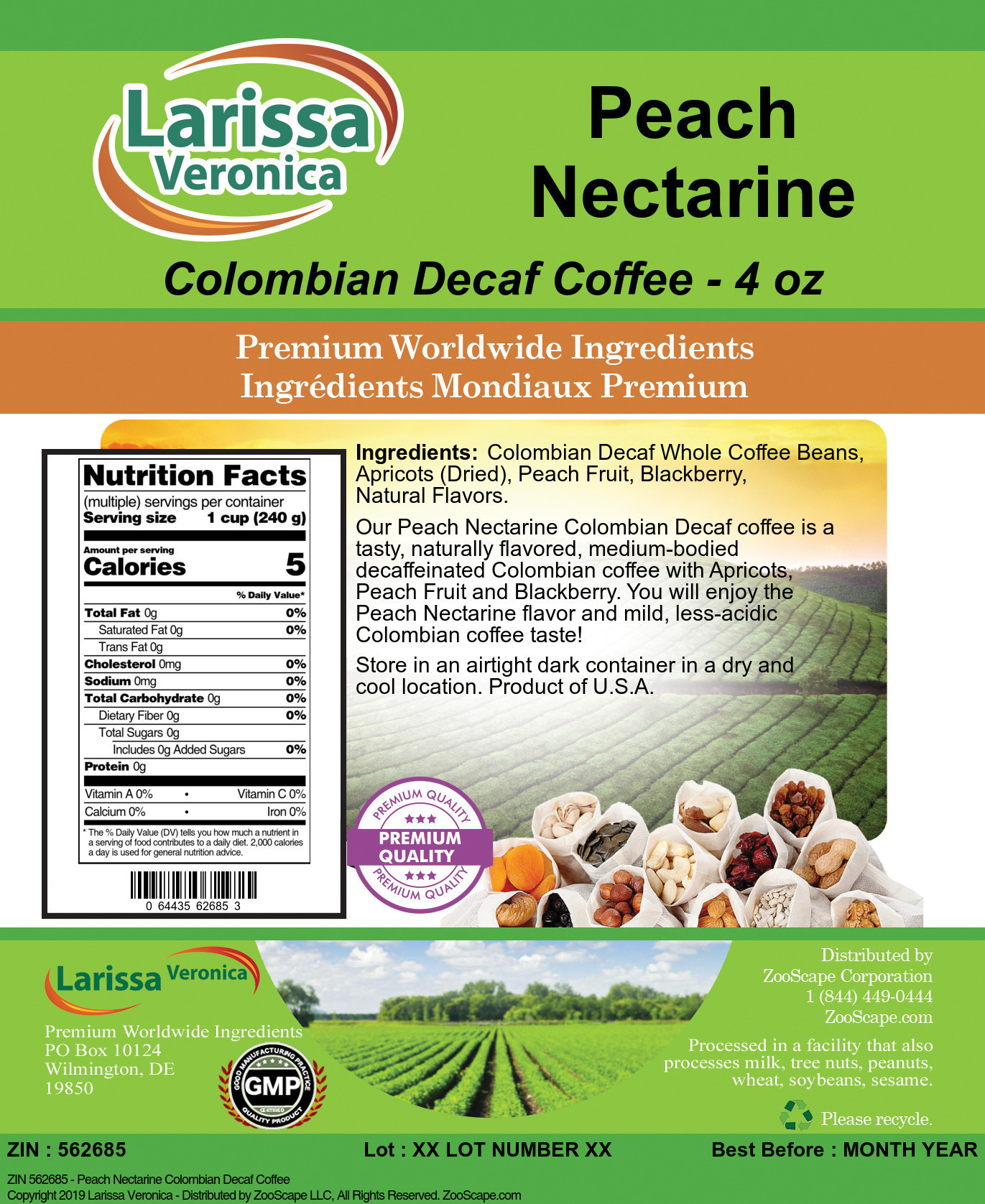 Peach Nectarine Colombian Decaf Coffee - Label