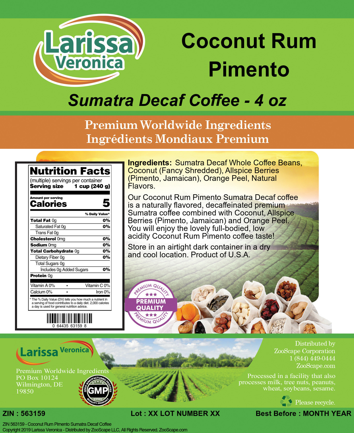 Coconut Rum Pimento Sumatra Decaf Coffee - Label