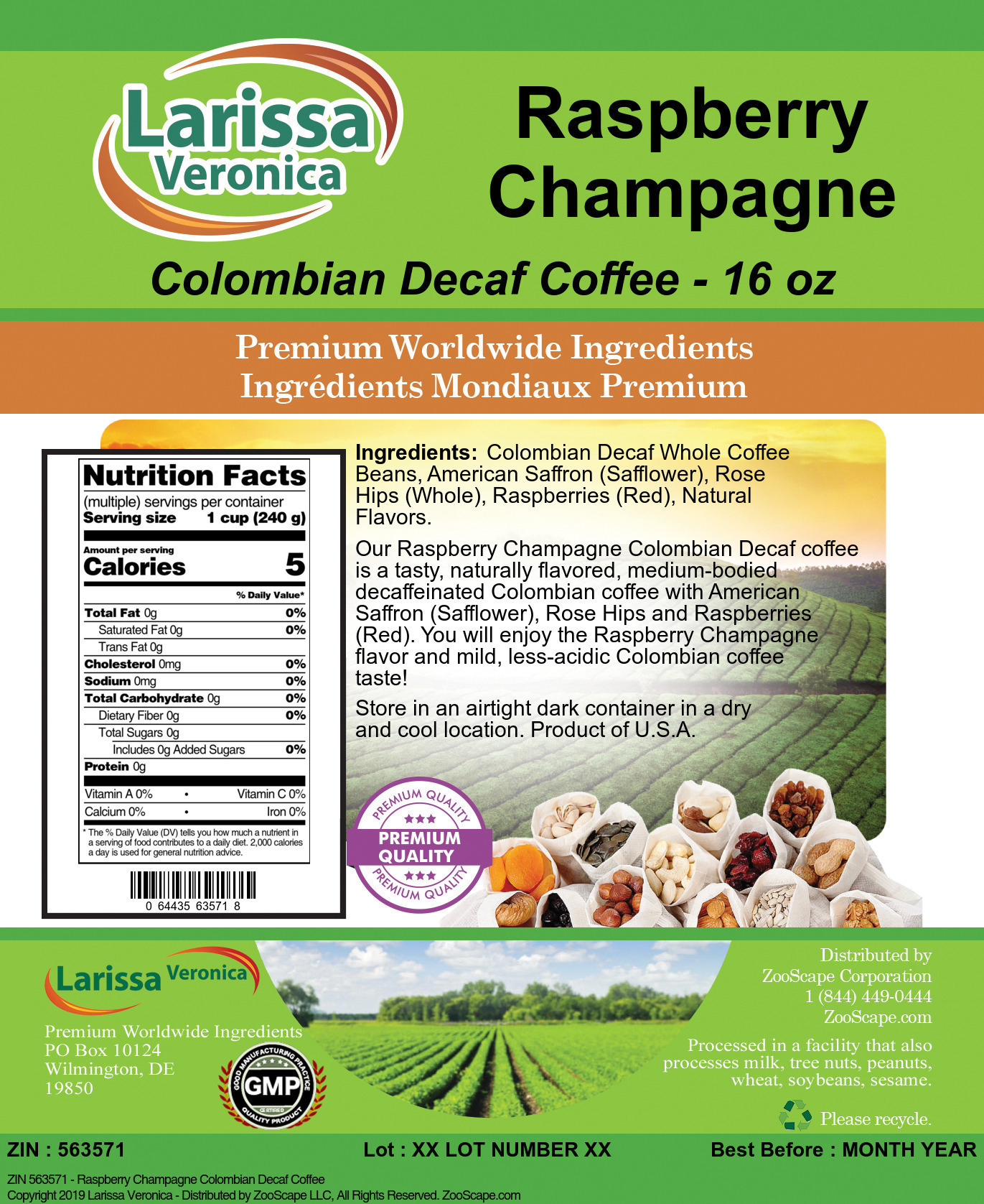 Raspberry Champagne Colombian Decaf Coffee - Label