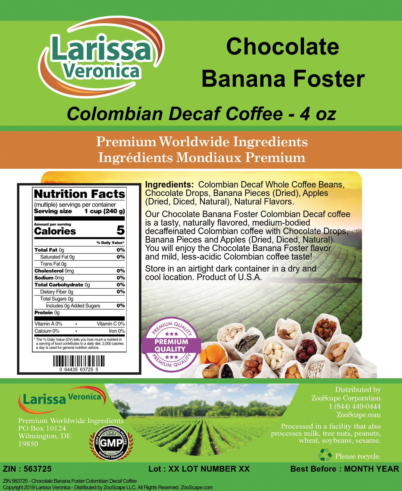 Chocolate Banana Foster Colombian Decaf Coffee - Label