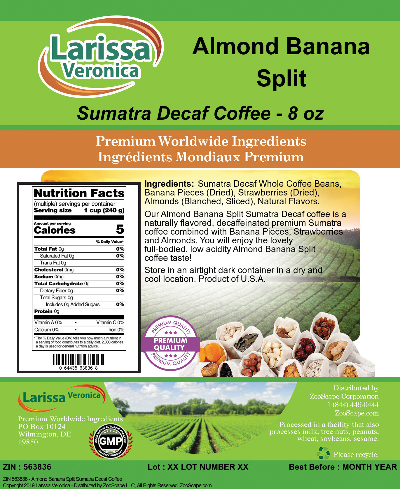 Almond Banana Split Sumatra Decaf Coffee - Label