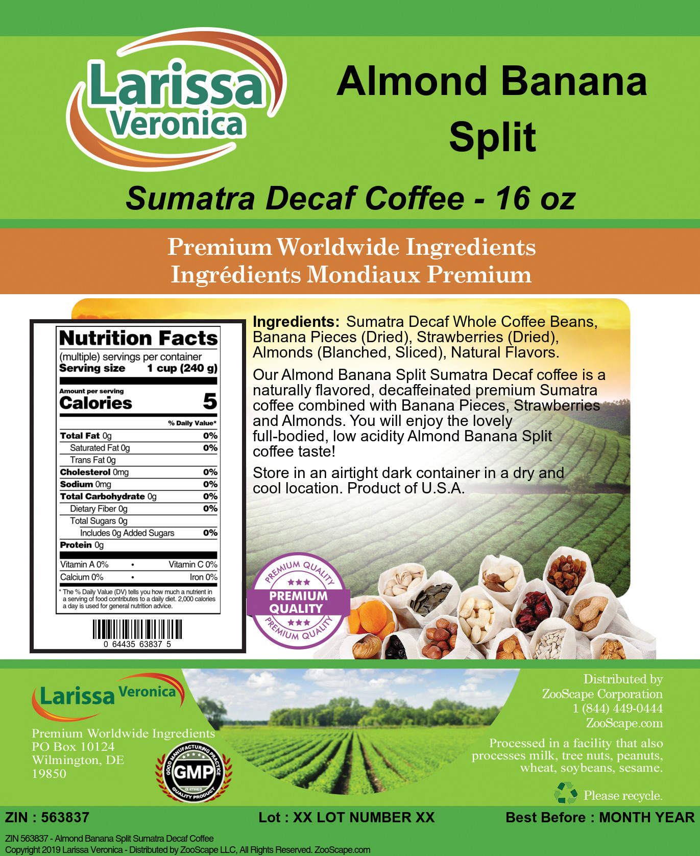 Almond Banana Split Sumatra Decaf Coffee - Label