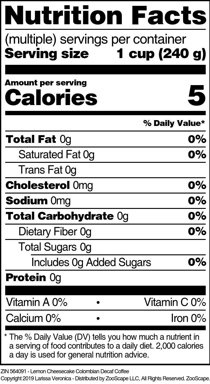 Lemon Cheesecake Colombian Decaf Coffee - Supplement / Nutrition Facts