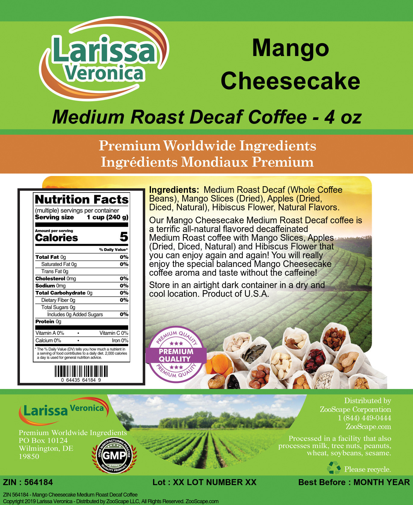 Mango Cheesecake Medium Roast Decaf Coffee - Label