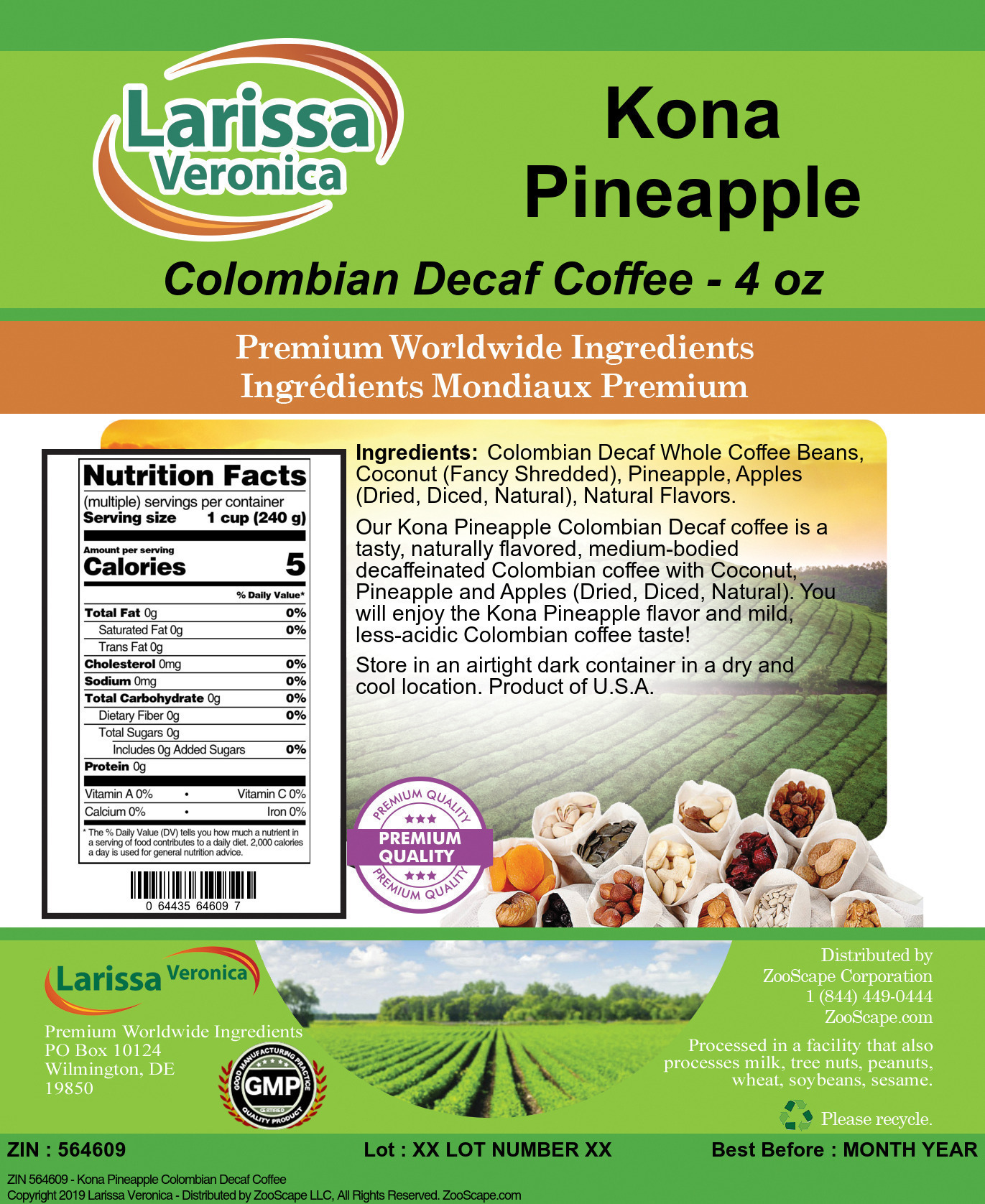 Kona Pineapple Colombian Decaf Coffee - Label