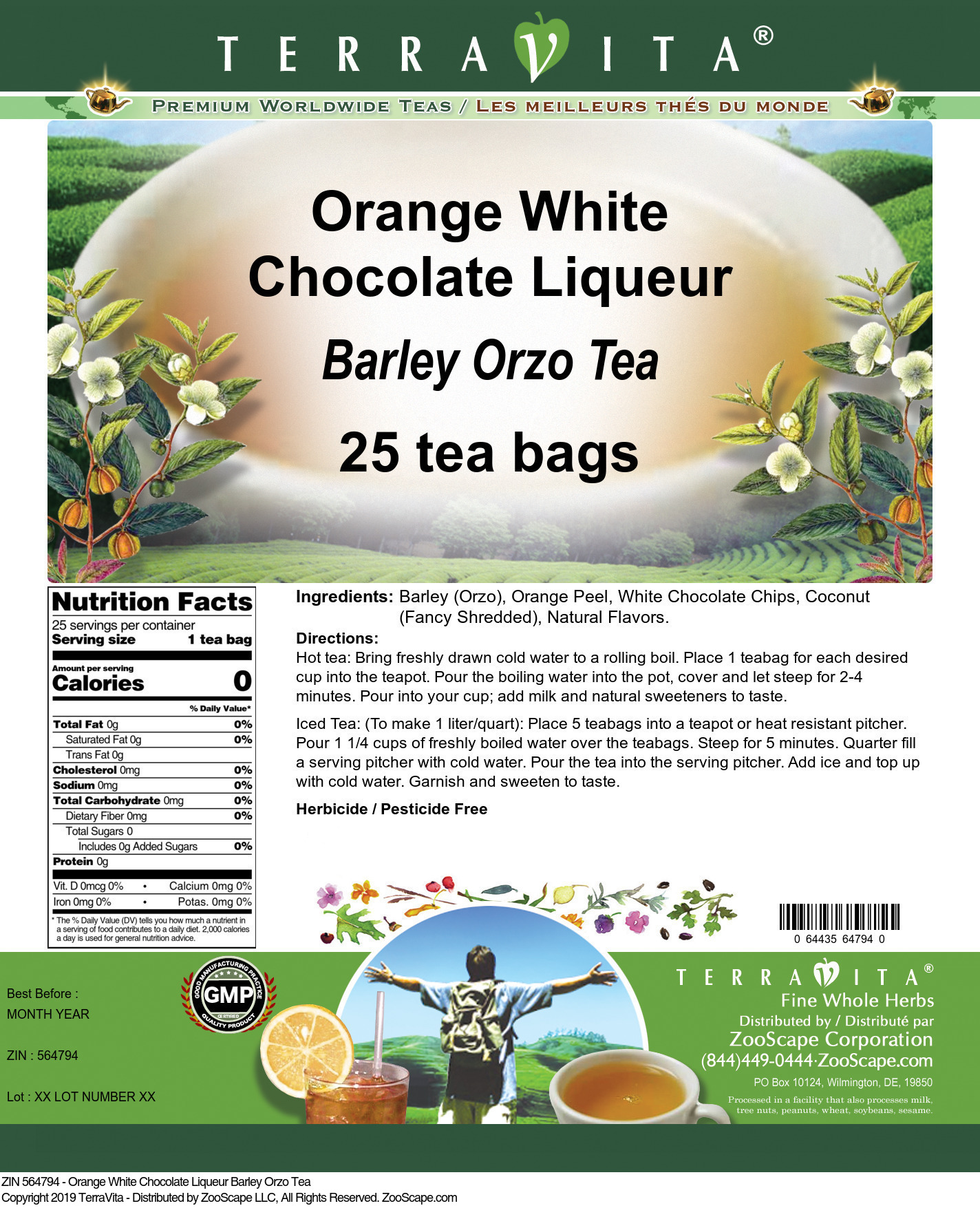 Orange White Chocolate Liqueur Barley Orzo Tea - Label