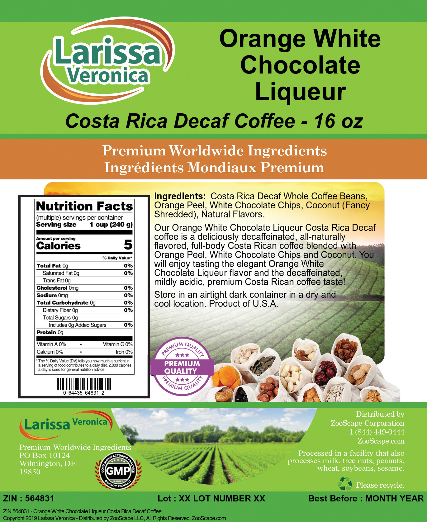 Orange White Chocolate Liqueur Costa Rica Decaf Coffee - Label